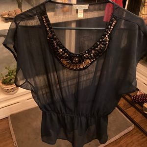 Navy blue sheer blouse with jewel detail